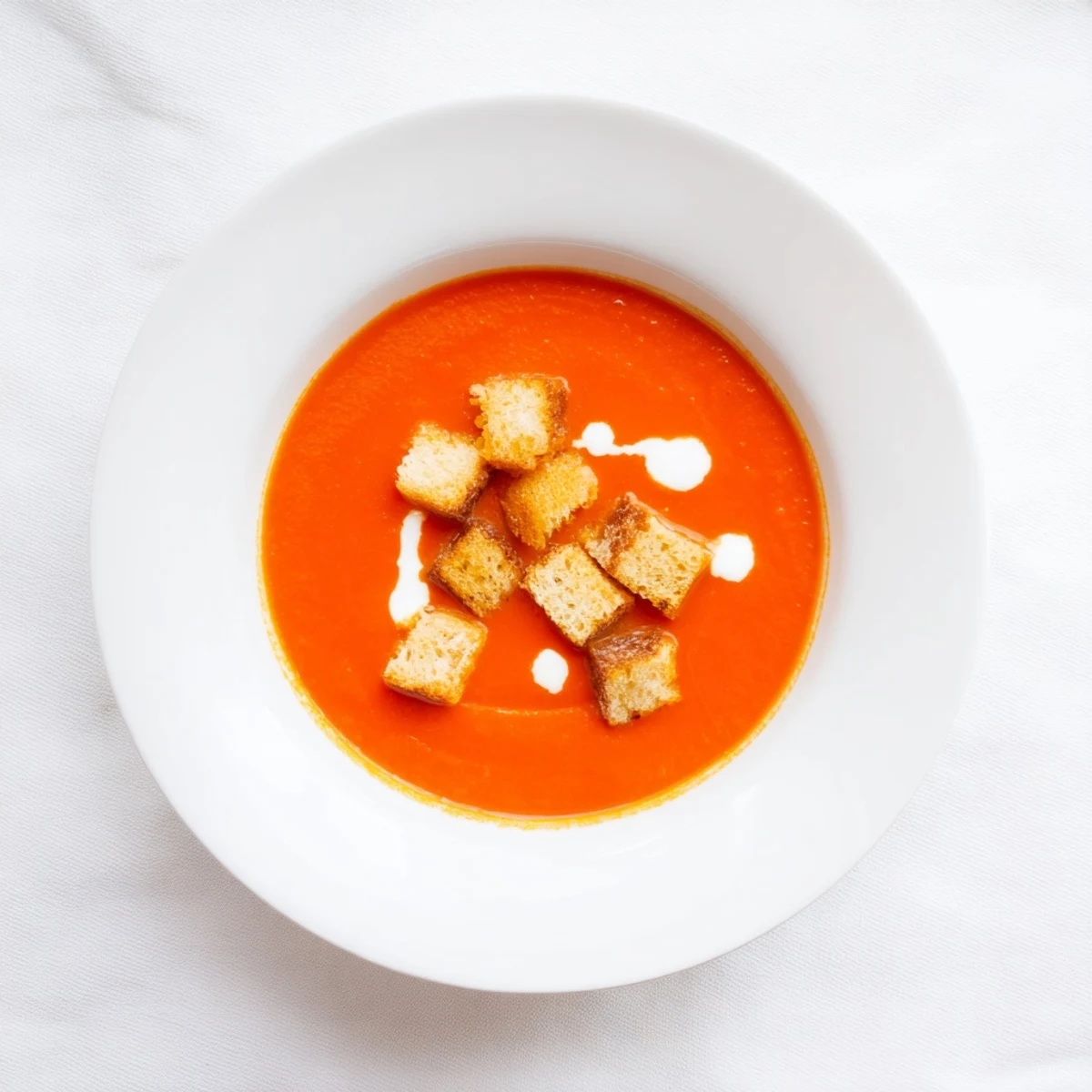 Soupe veloutée de poivrons rouges avec croûtons croustillants, servie chaude dans une assiette creuse.