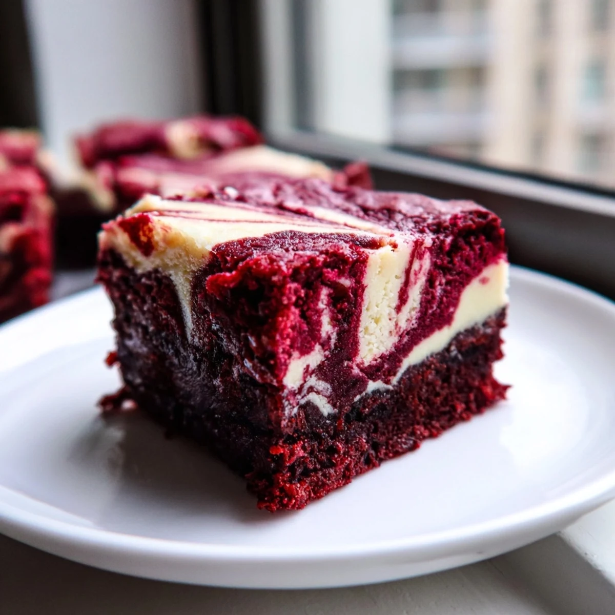 Un carré de Red Velvet Cheesecake Brownies présenté sur une planche en bois avec des copeaux de chocolat.