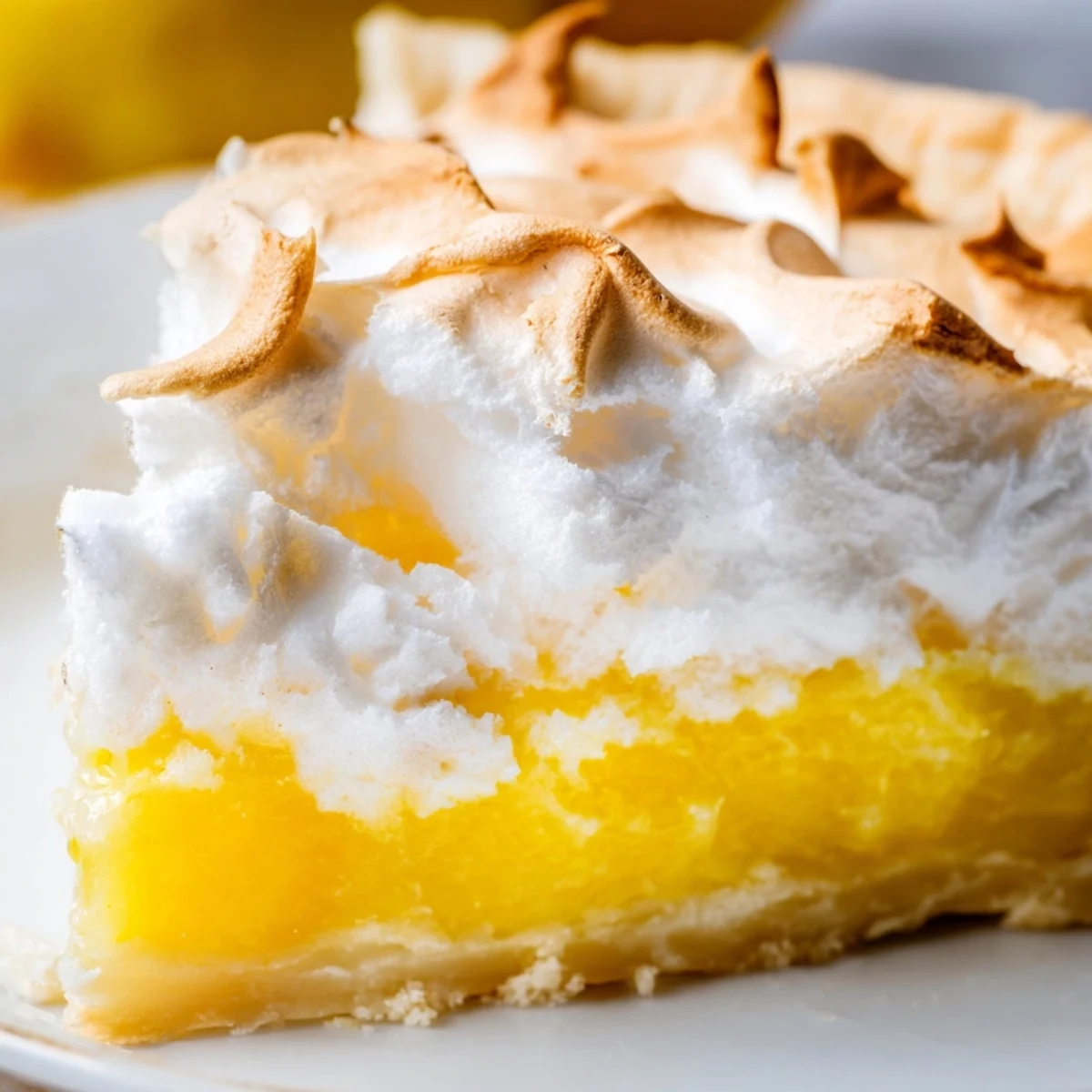 A classic Lemon Meringue Pie with a flaky crust, bright yellow filling, and toasted meringue peaks.