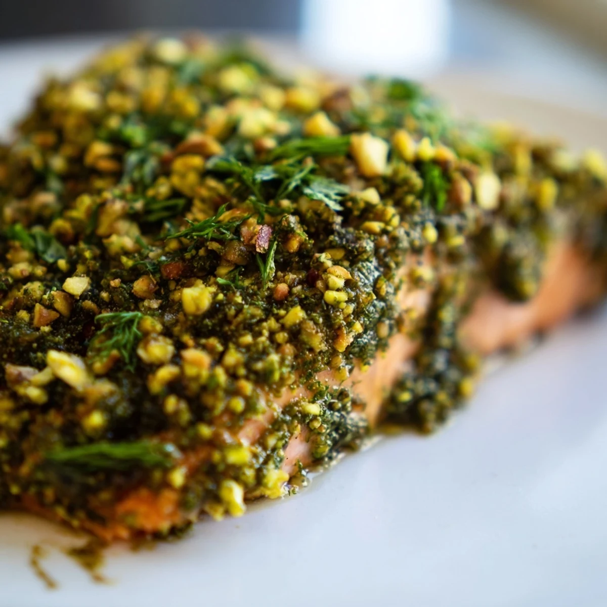 Délicieux saumon confit, recouvert d’un velouté de tahini et d’une mélange croquante de pistaches et herbes fraîches.