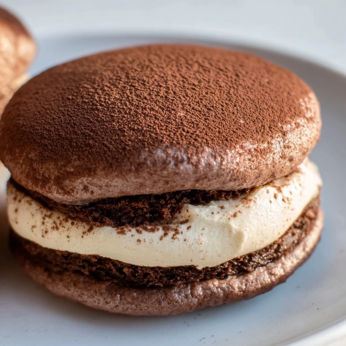 Tiramisu whoopie pies moelleux, garnis d'une crème onctueuse au café, idéal pour les amateurs de desserts gourmands.