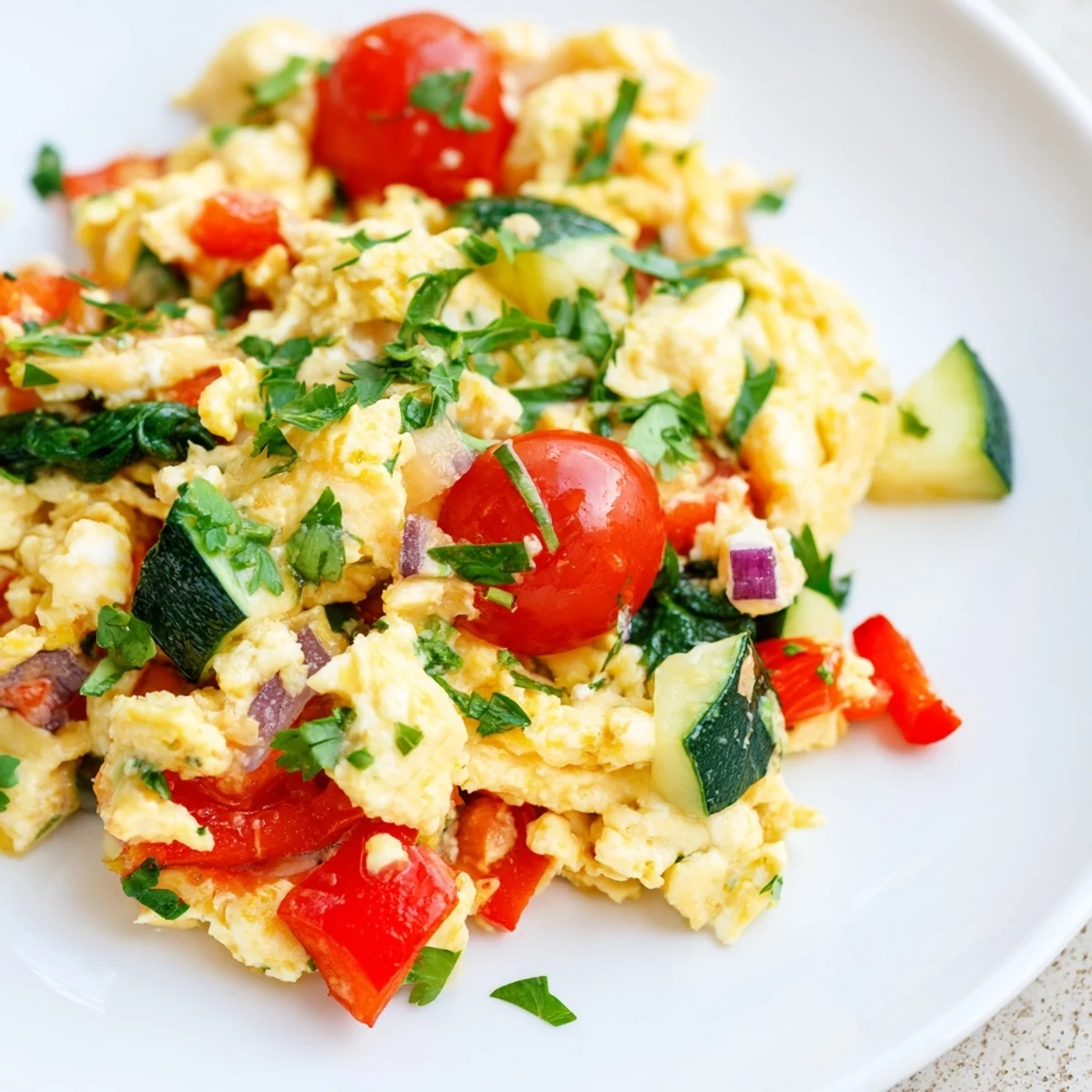 Fluffy egg and vegetable scramble with sautéed peppers and spinach in a warm skillet.  