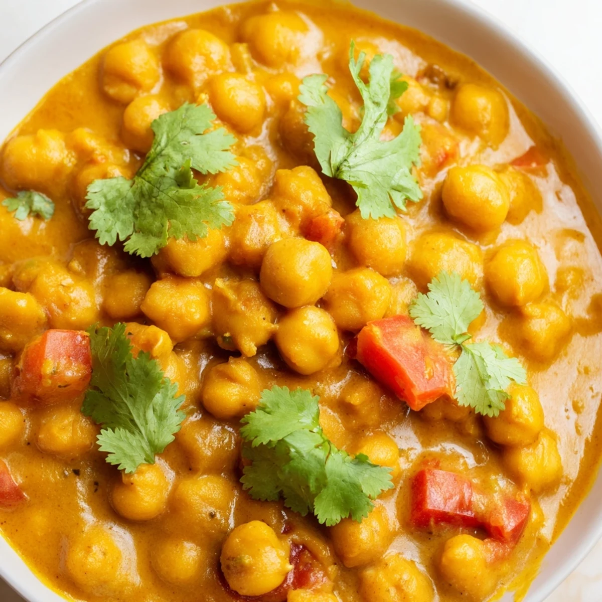 Un Chickpea Curry riche et parfumé, bouillonnant dans une marmite avec du lait de coco et des épices dorées.