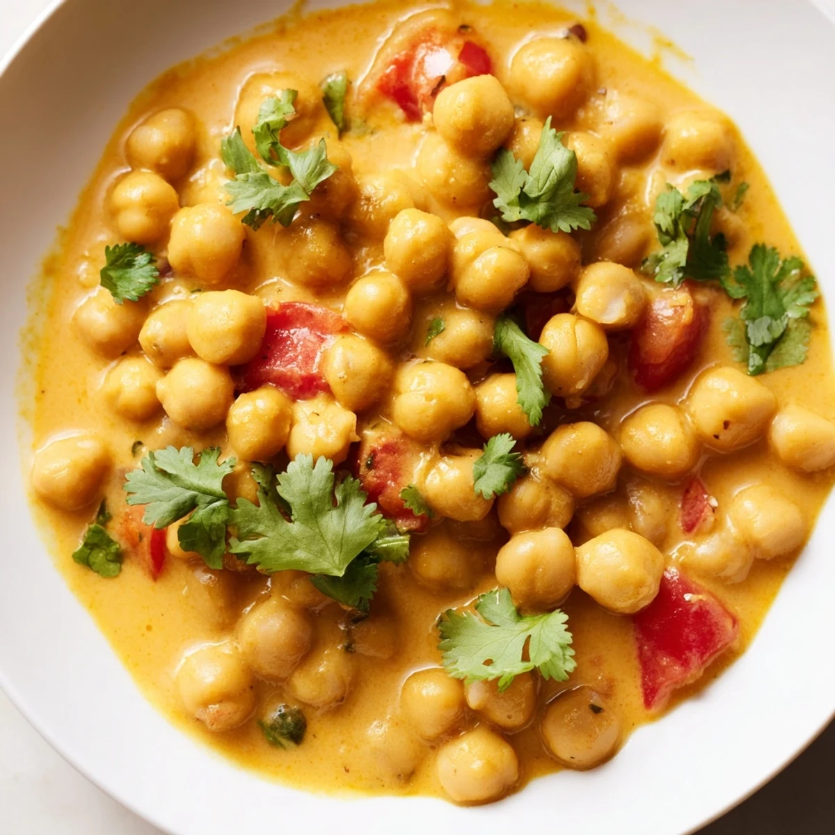 Plante-base Chickpea Curry, tiède et appétissant, garni de zestes de citron vert et de feuilles d'épinards.