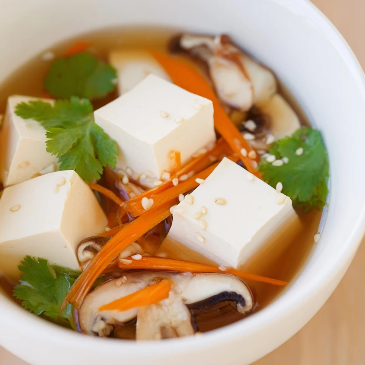 Bol fumant de soupe au tofu et légumes, garni de cilantro et graines de sésame, délicieux et apaisant.