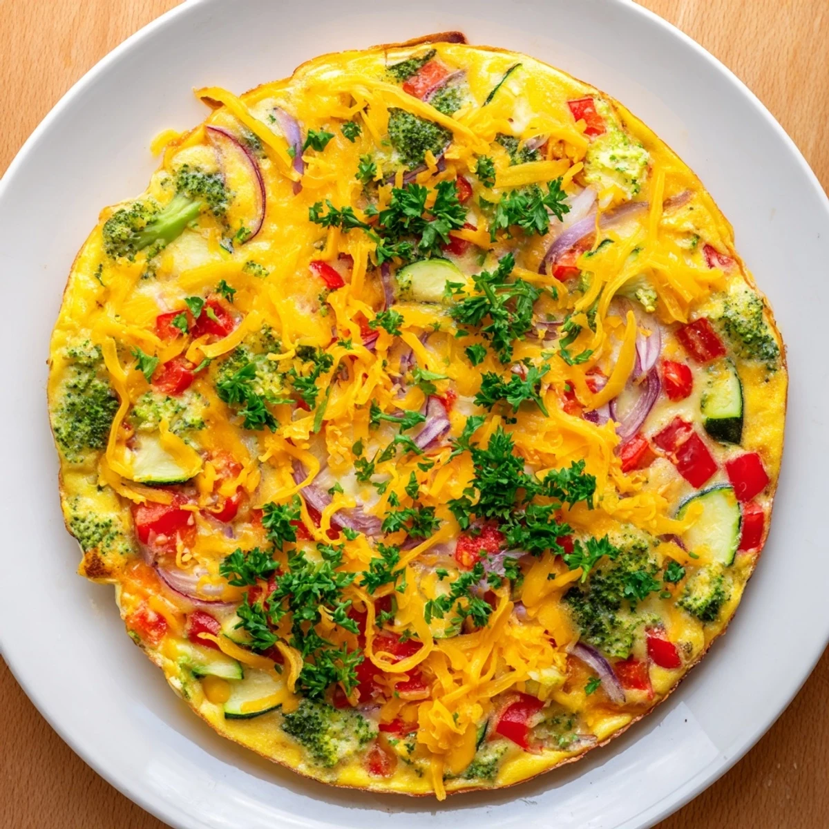 Un vegetable frittata doré dans une poêle en fonte, garni de brocoli, poivron rouge et tomates cerises crémeuses.