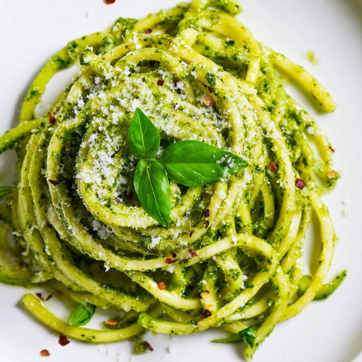 Zoodles crémeux au pesto maison, agrémentés de croûtons dorés et d'un filet d'huile d'olive, présentés dans un bol blanc.
