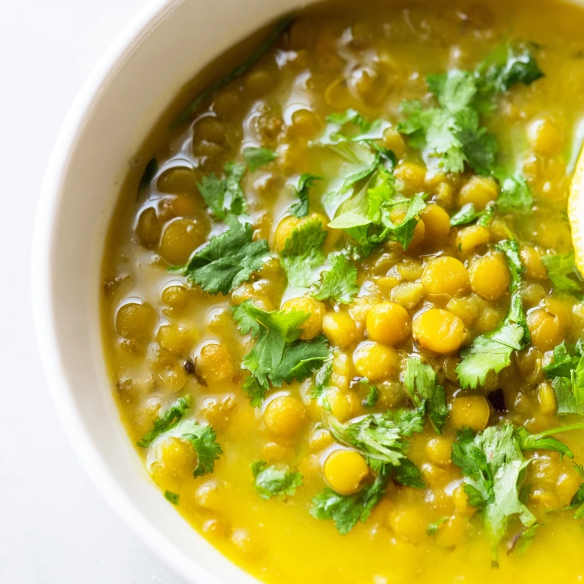 Hearty Indian mung bean soup in a rustic bowl, topped with cilantro and a lemon wedge for a bright finish.