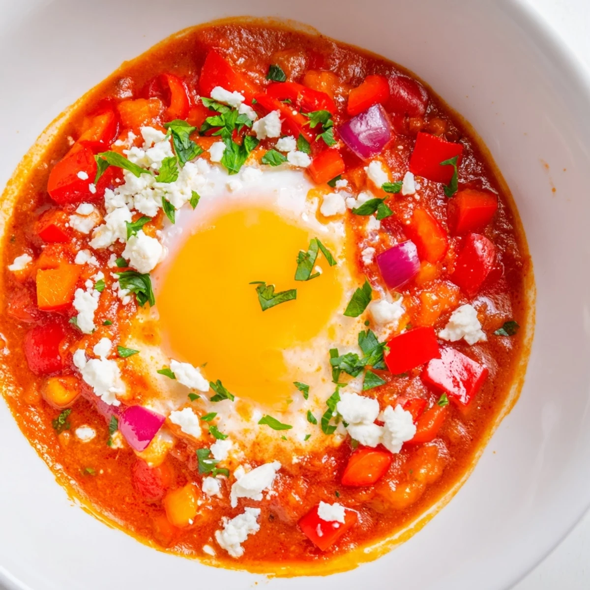 Un Shakshuka mijoté dans une sauce tomate épicée, avec des œufs pochés au centre et du feta fondu.