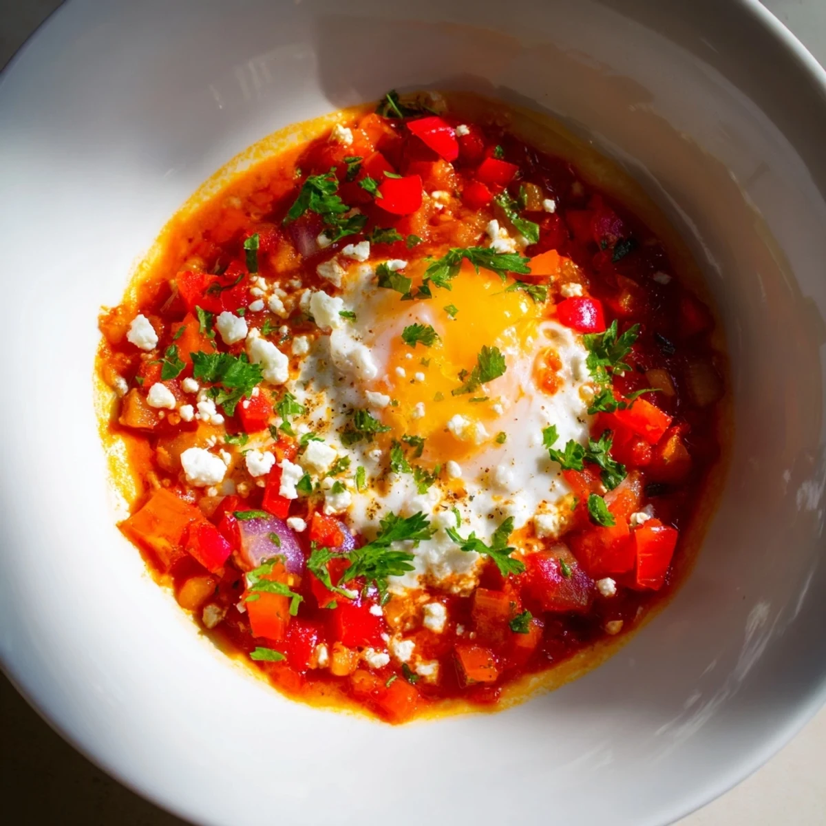 Présentation vibrante du Shakshuka, sauce rouge riche et œufs nappés de paprika sur une table rustique.