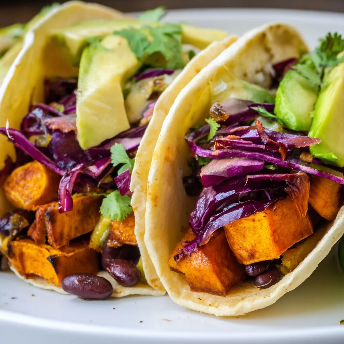 Des tacos aux haricots noirs et patates douces garnis de légumes rôtis, avocat et crème végétale, sur fond de coriandre fraîche.