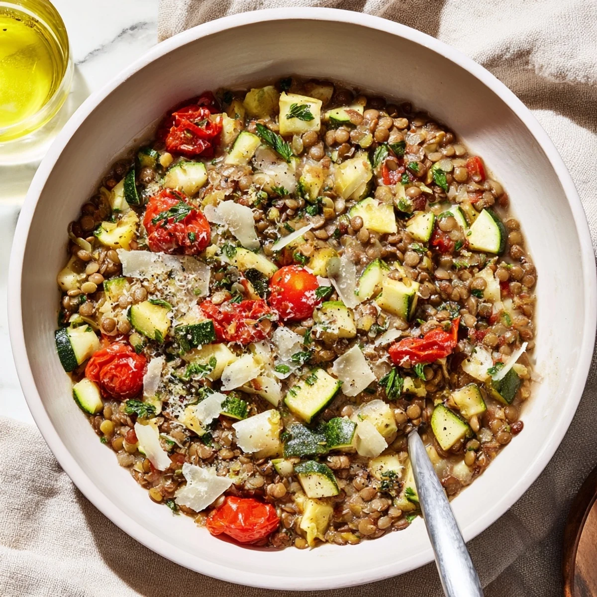 Un plat réconfortant de légumes rôtis et de lentilles vertes au four, avec un fromage doré et du persil frais.