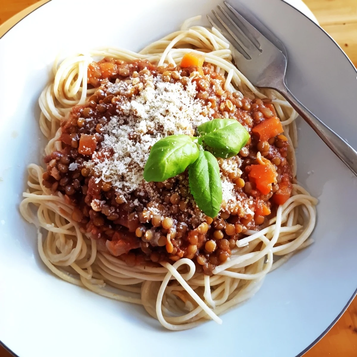 Une portion généreuse de lentilles bolognaise servie au-dessus de pâtes al dente, avec une cuillère de parmesan végétalien et un fond de sauce rouge onctueux visible sur le plat. Une option sans viande riche en protéines pour le repas du soir.