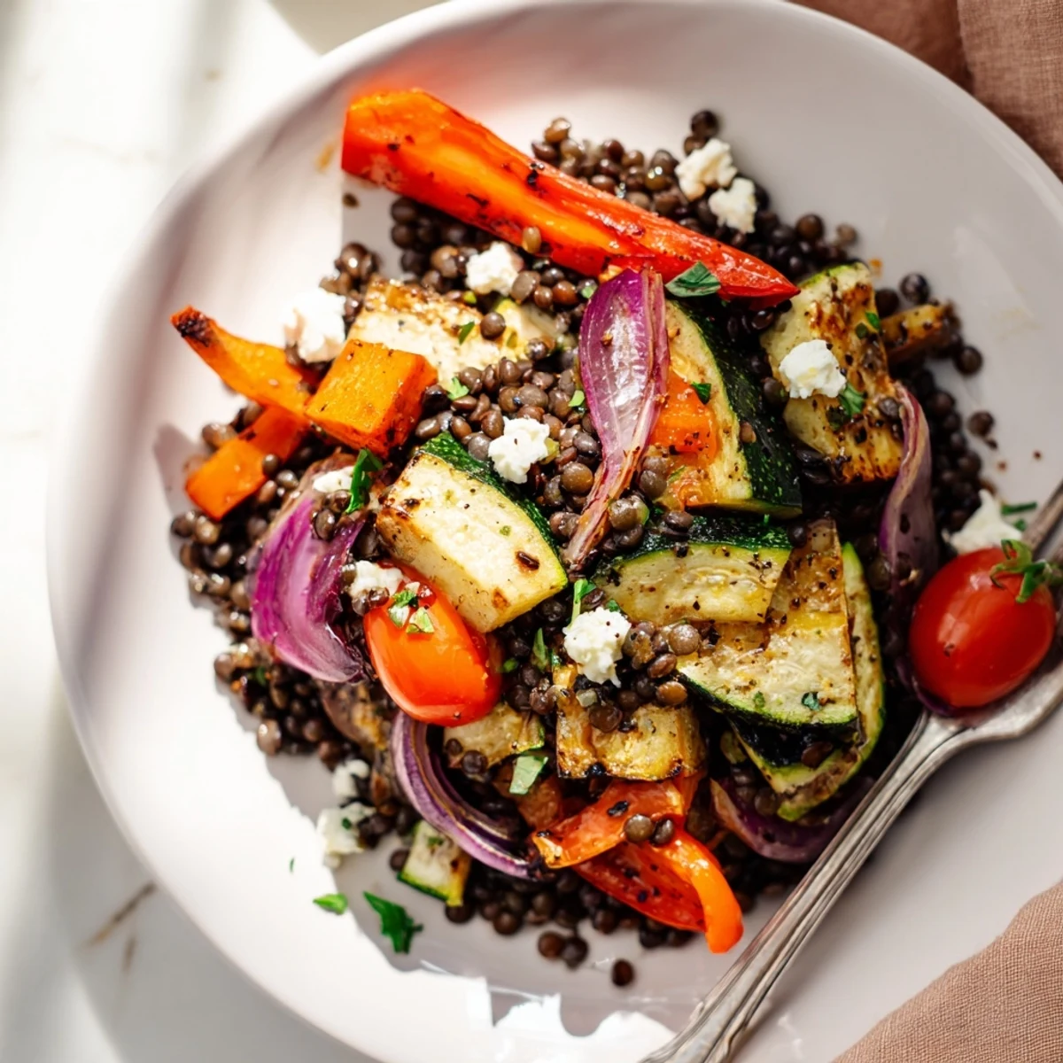 Une salade de lentilles noires avec légumes rôtis, aux couleurs vives de poivron rouge et carotte, idéale en dîner léger.