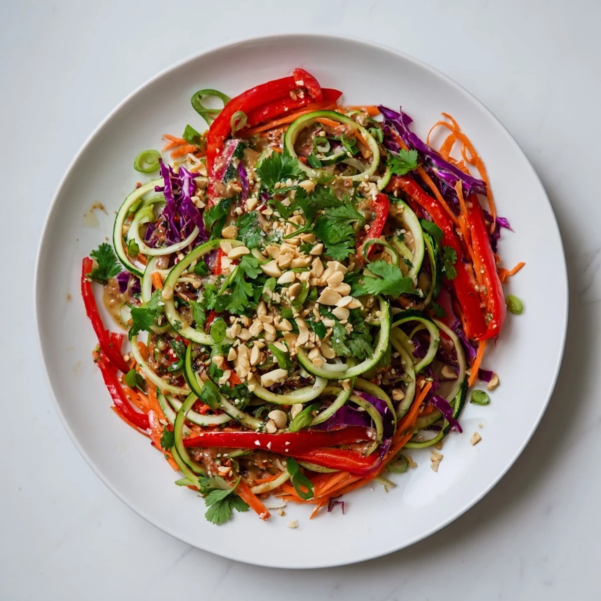 Raw Vegetable Noodle Salad served as a refreshing vegan side, garnished with toasted sesame seeds and chopped peanuts for crunch.