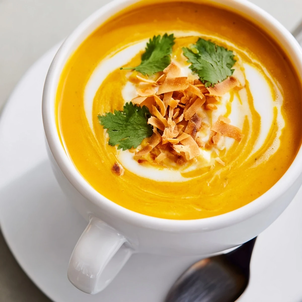 La soupe onctueuse à la carotte et à la noix de coco, servie chaude avec une garniture de coco toastée et un quartier de citron vert.