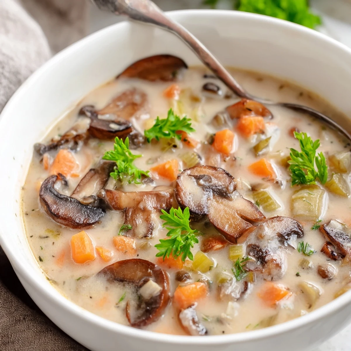 Une photo appétissante d'une soupe aux champignons crémeuse, avec des garnitures de persil frais et un pain croustillant à côté.