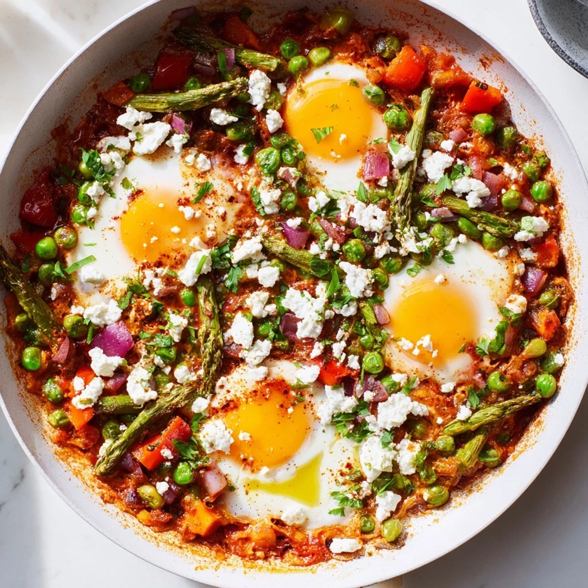 Un shakshuka printanier aux petits pois, fèves et asperges dans une sauce tomate épicée, avec œufs coulants, feta et herbes fraîches.