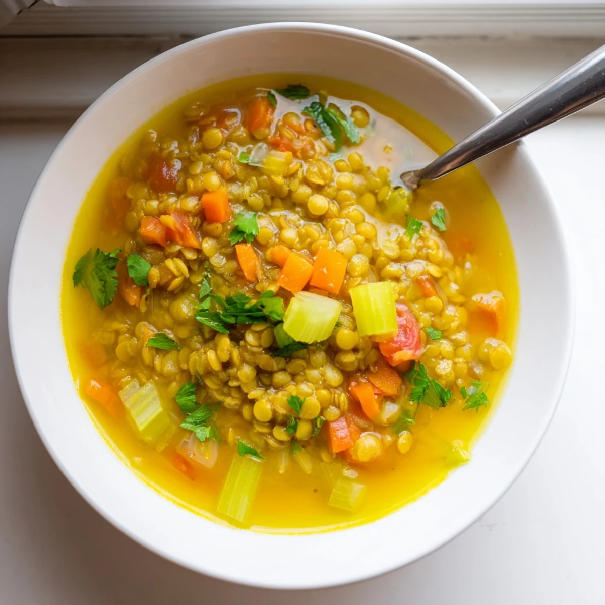 Une soupe Mung Bean Soup bien chaude dans un bol en céramique, garnie de feuilles de coriandre fraîches et de zestes de citron.