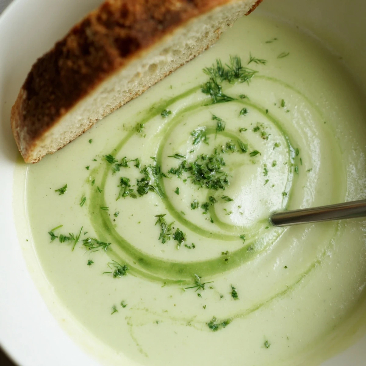Un bol fumant de soupe crémeuse à la céleri et aux herbes, garni de persil frais et d'un filet de crème, prêt à être savouré avec du pain croustillant.