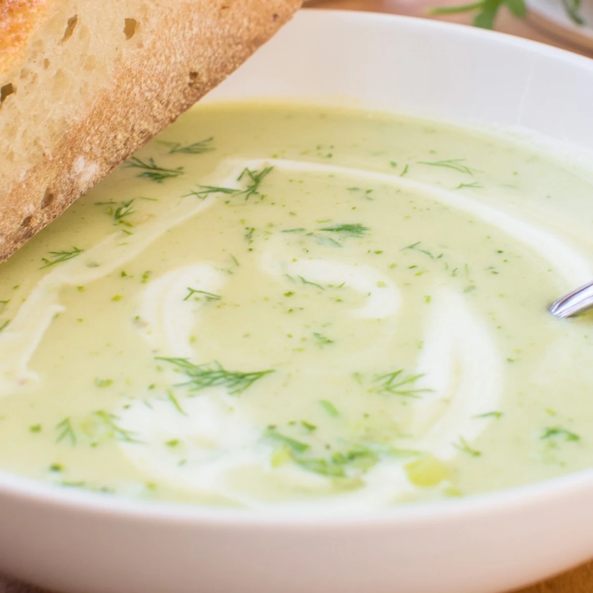Soupe de céleri et d'herbes fumante dans un bol rustique, accompagnée d'une tranche de pain croustillant parfaite pour tremper.