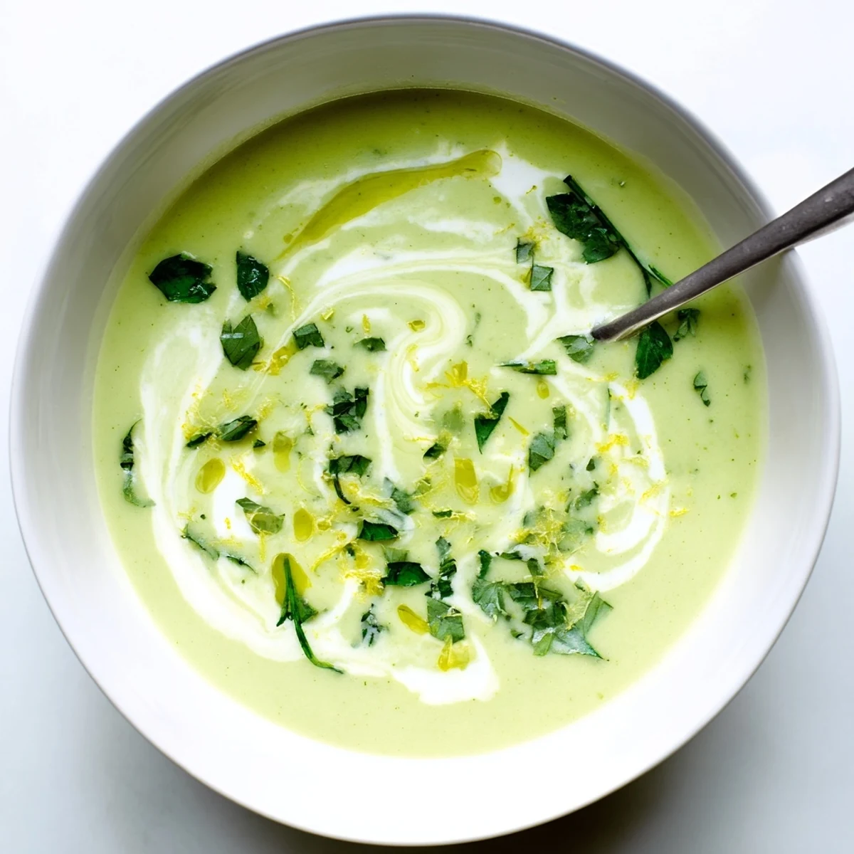 Soupe estivale de courgette légère, servie chaude dans un bol rustique avec un morceau de pain croustillant.