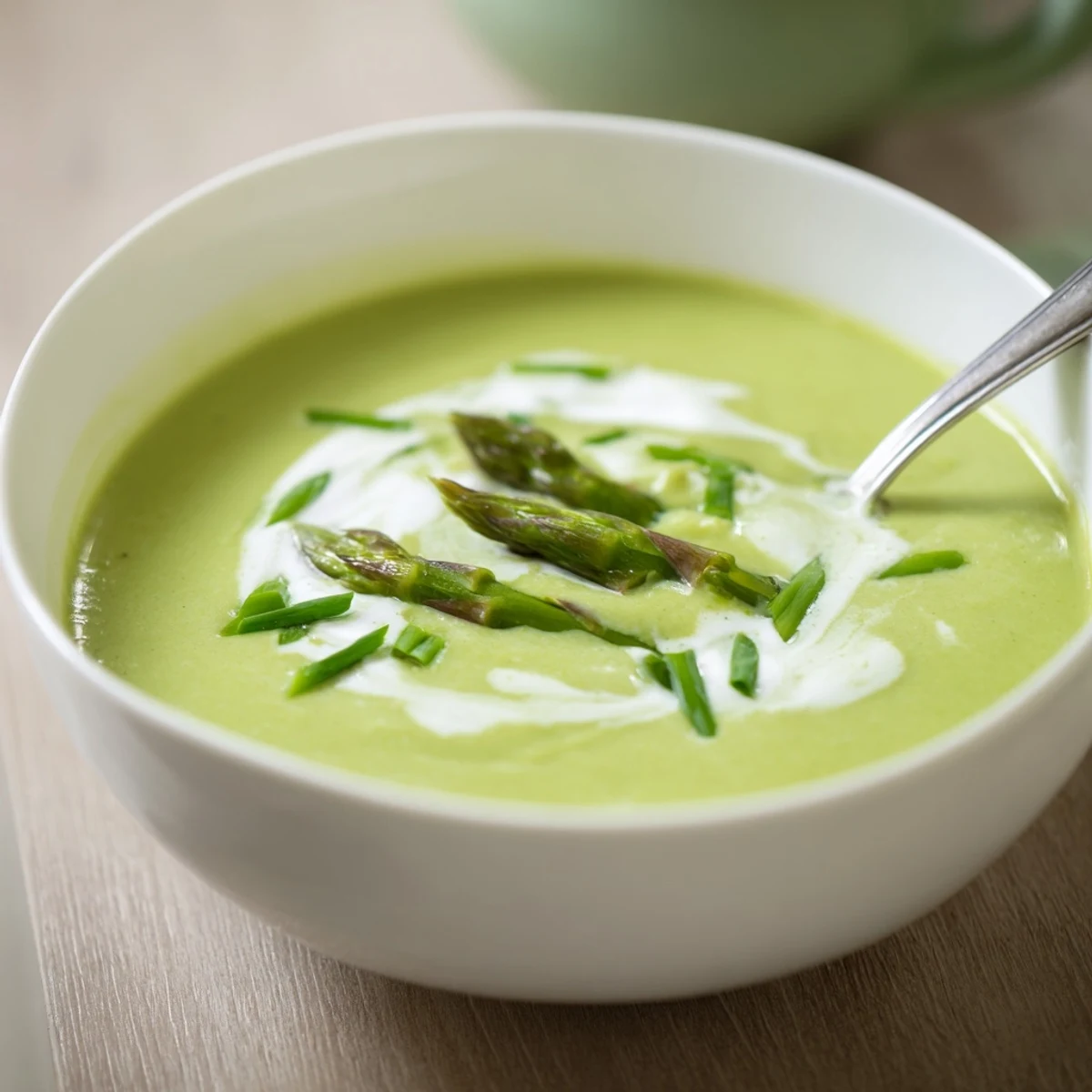 Elegant spring Asparagus Soup blended smooth, finished with cream and served alongside crusty bread.