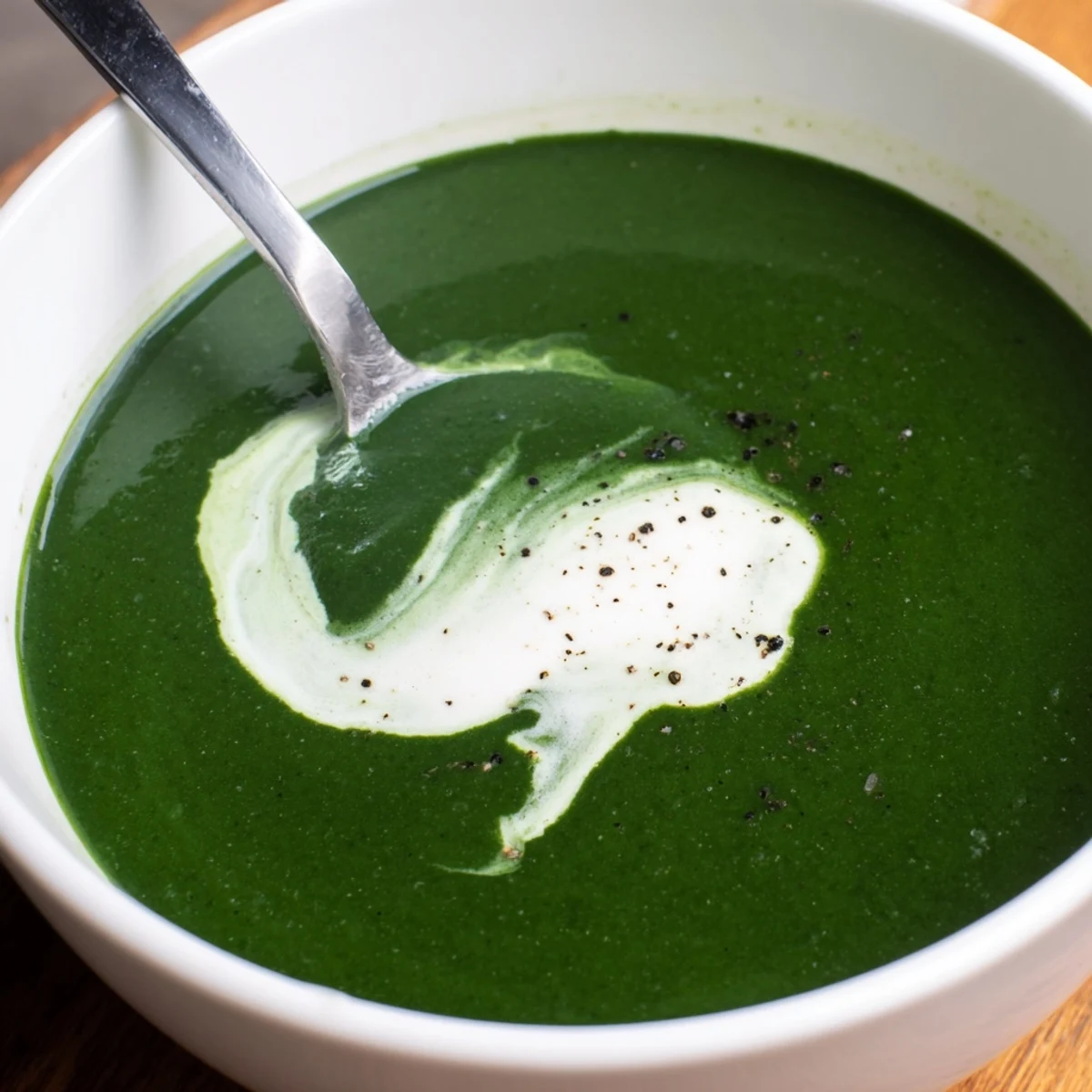 Un bol fumant de velouté d'épinards, agrémenté d'une légère crème en spirale et de poivre noir moulu.