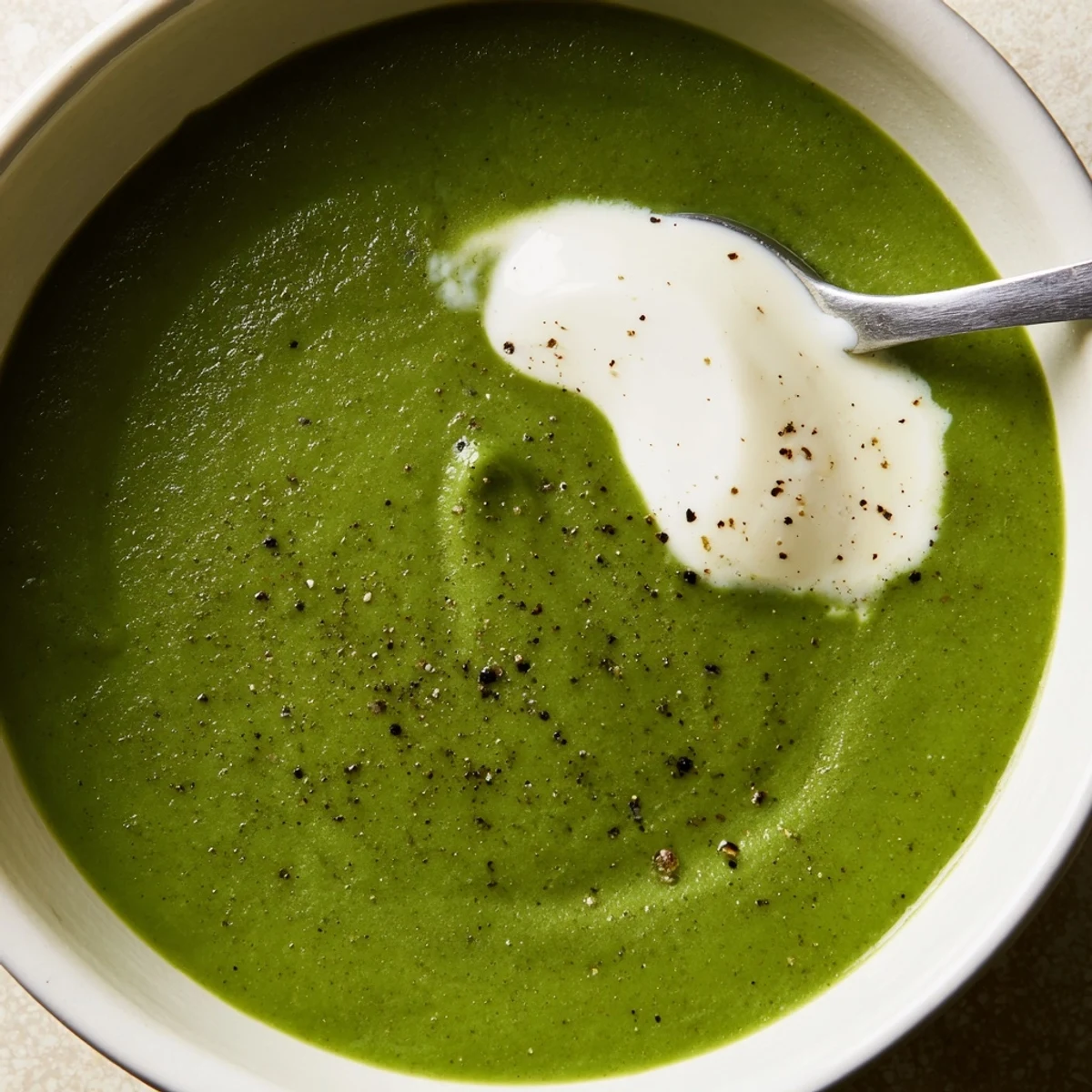 Assiette de soupe vert vif, crémeuse et onctueuse, servie avec une tranche de pain grillé croquant.