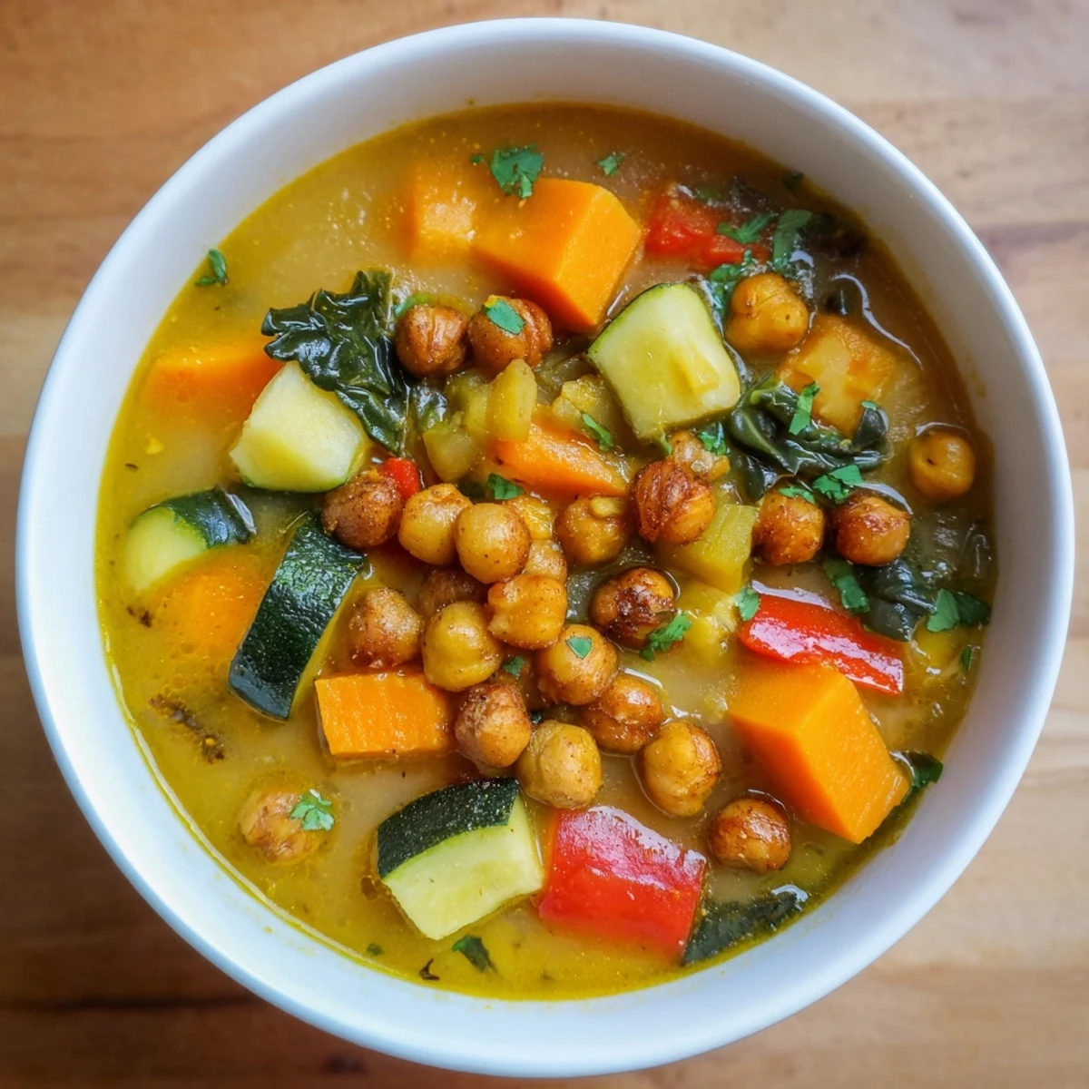 Spiced Chickpea and Vegetable Soup garni de pois chiches dorés au four et de verts frisés dans un bol