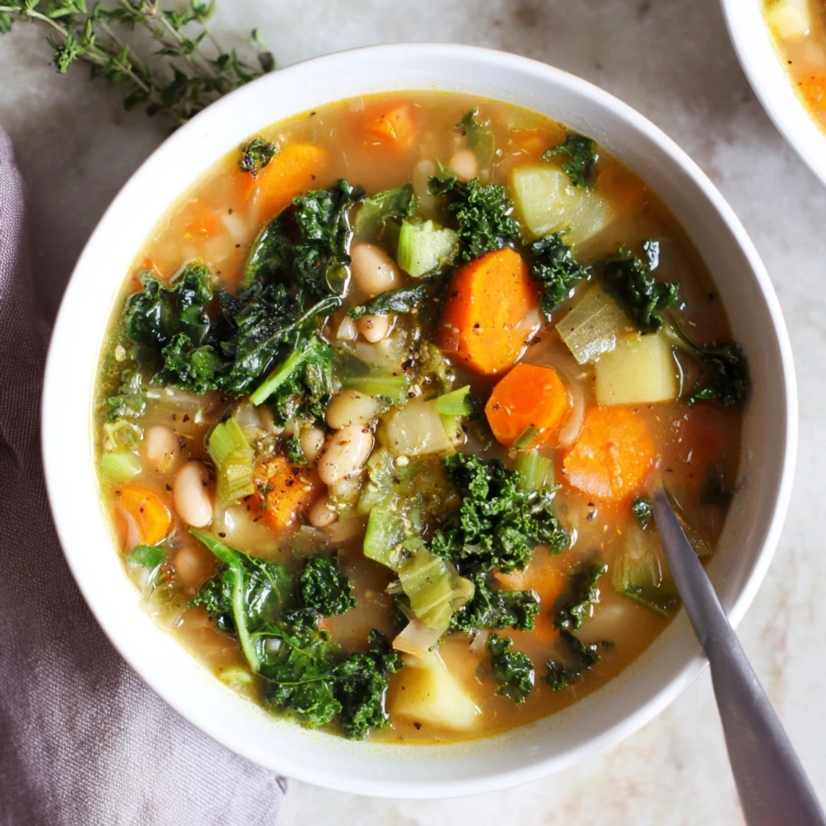 Soupe Kale fumée au kale et haricots, servie avec du pain grillé pour une soirée réconfortante et saine.