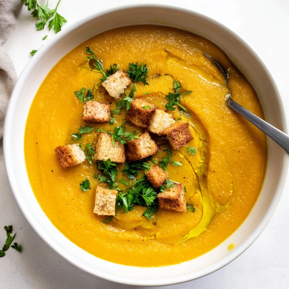 Une soupe de légumes rôtis fumée et veloutée, servie chaude avec un filet d'huile d'olive et des graines grillées.