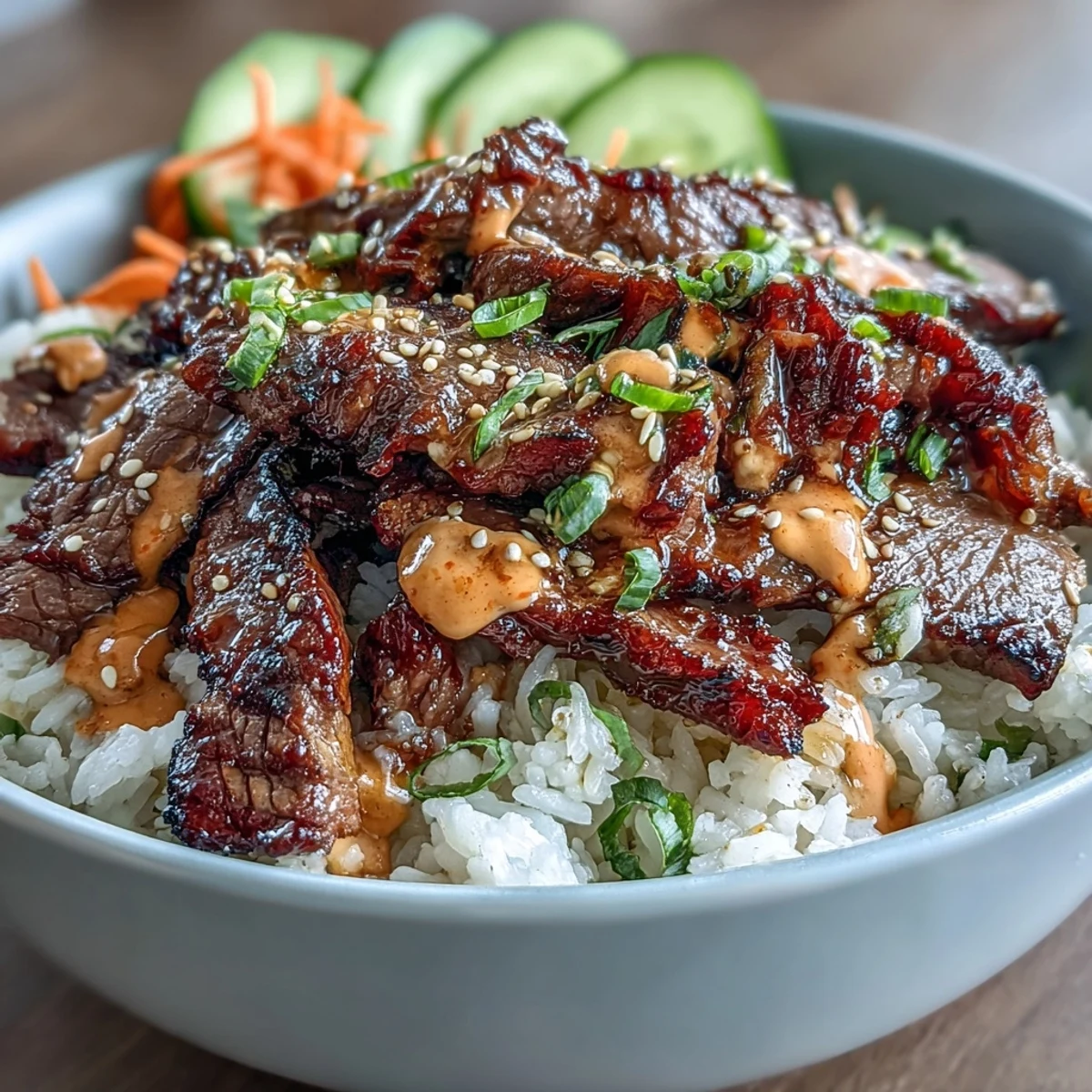 Bol au bœuf grillé coréen avec riz parfumé, carottes croquantes et sauce crémeuse épicée.