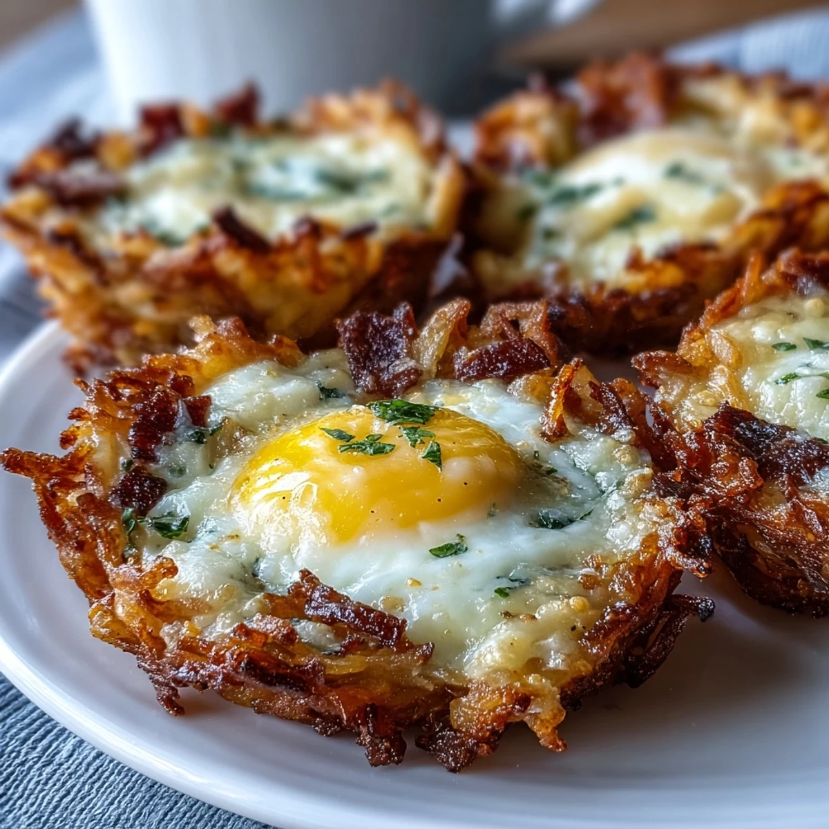 Golden-brown hash brown baskets filled with baked eggs, sprinkled with herbs for a savory breakfast treat.