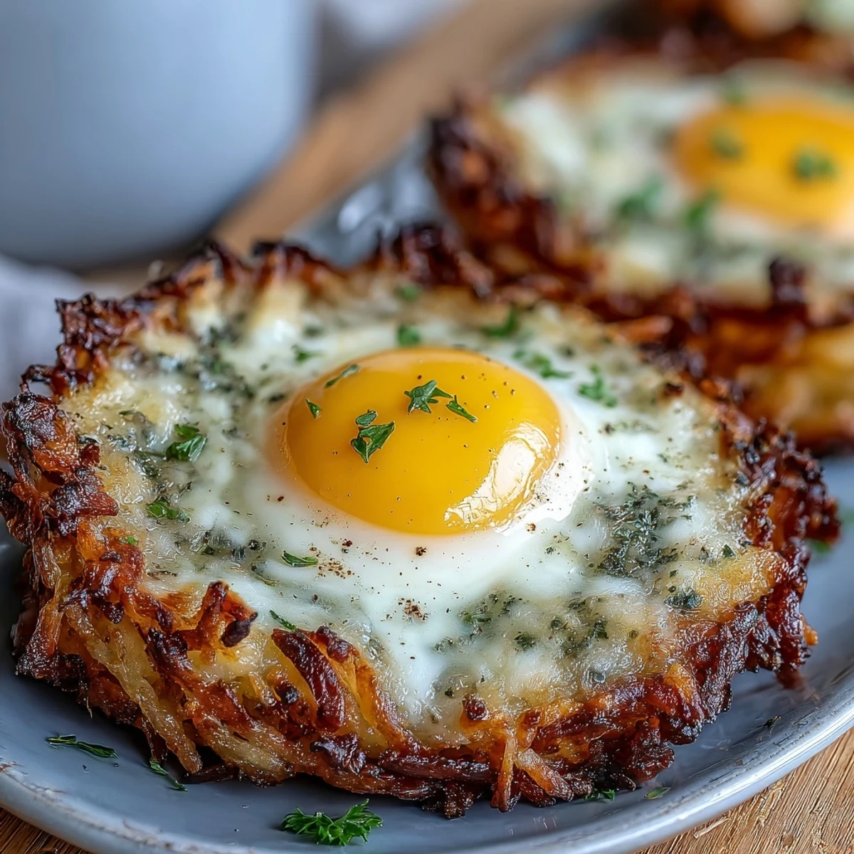 Crispy shredded potato nests cradle sunny eggs, a perfect low-carb brunch or breakfast bite.