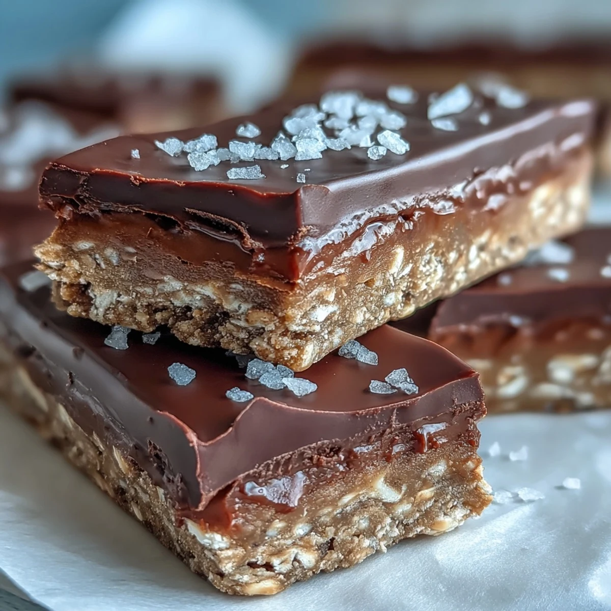 Barres de protéines au beurre de cacahuète sans cuisson, richement recouvertes d'un givrage au chocolat noir et salé.