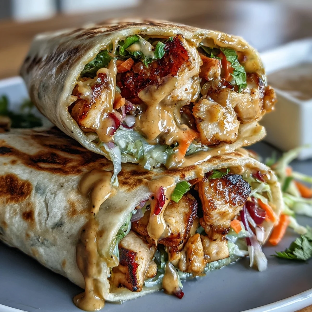 Préparation des wraps thaïlandais au poulet au beurre de cacahuète, avec une sauce crémeuse et épicée, des poivrons colorés et des tortillas entières.