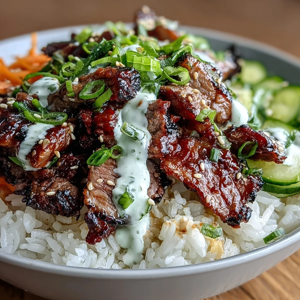 Un bol vibrant de riz jasmin, garni de bœuf tendre mariné, de carottes croquantes et de concombles frais, arrosé d’une sauce crémeuse épicée.