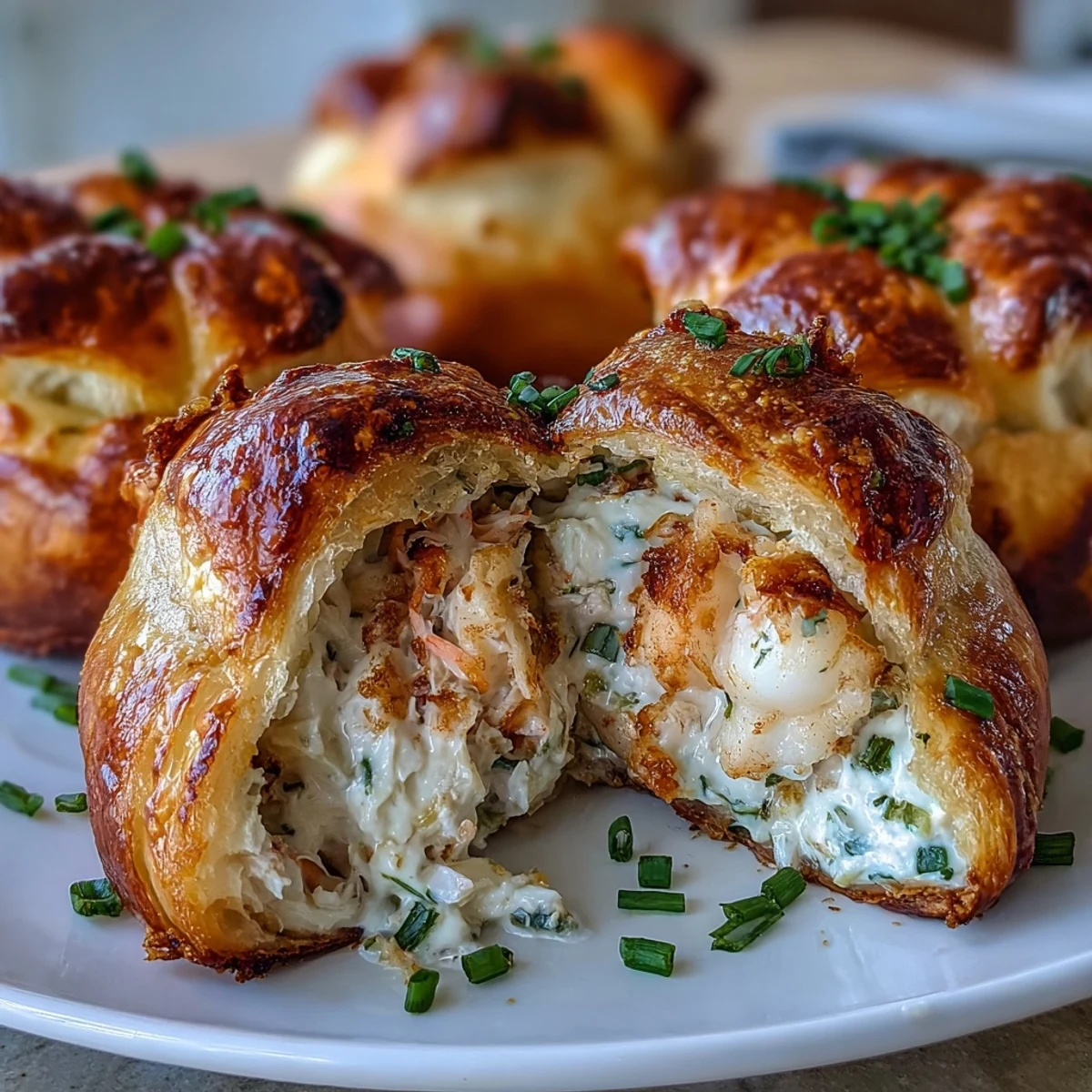 A close-up view of warm Shrimp and Crab Stuffed Crescent Bombs highlights melted cream cheese and finely chopped green onions inside the baked dough.