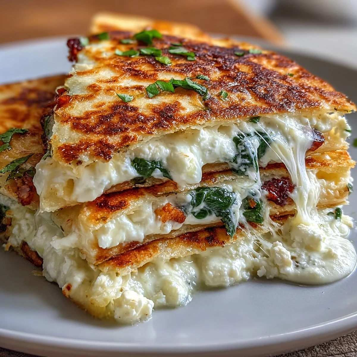 Golden Mediterranean Quesadilla wedges with melted mozzarella and fresh spinach on a wooden board.  