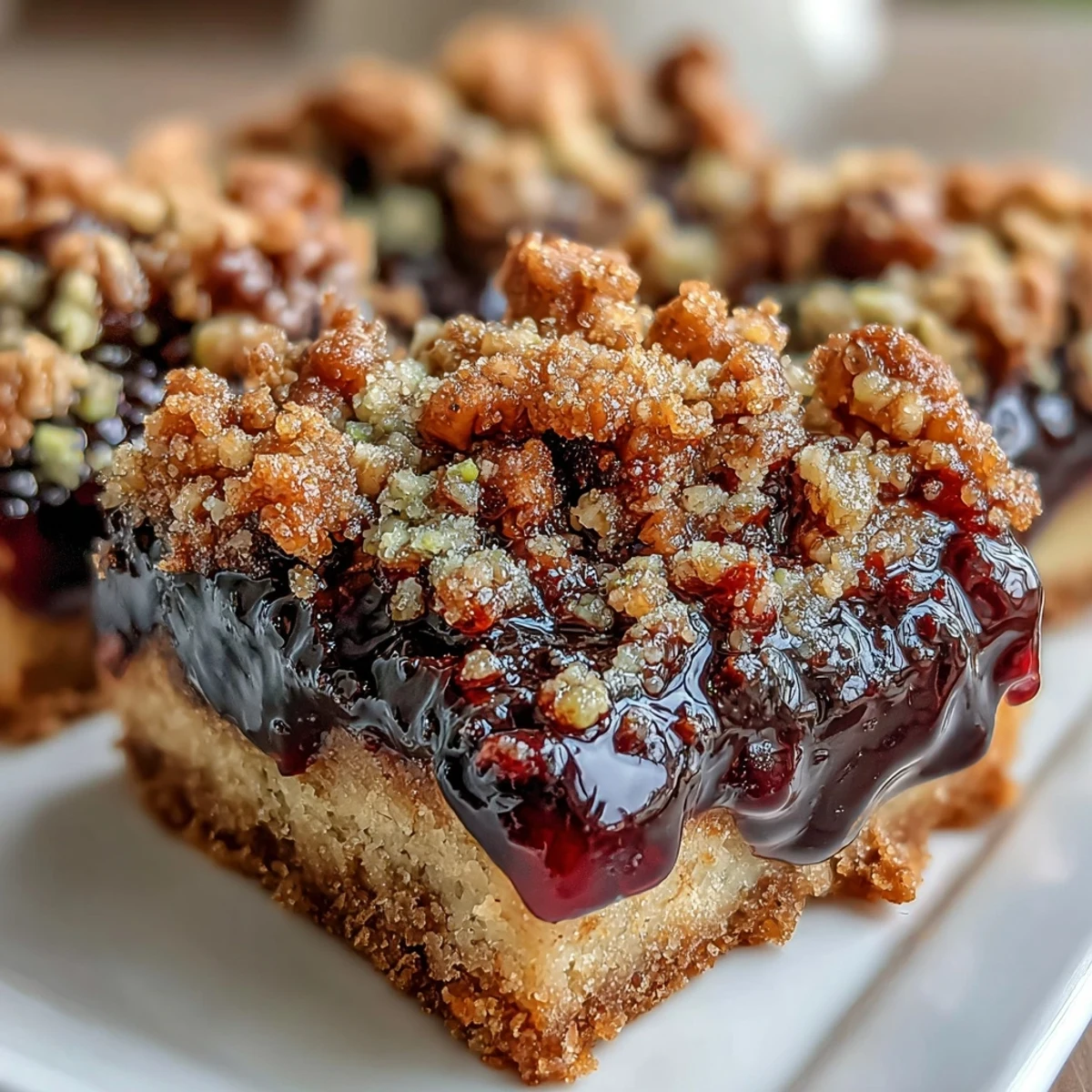 Un régal visuel : bars noix de pistache aux mûres avec une croûte dorée et une garniture de fruits rouges juteux.