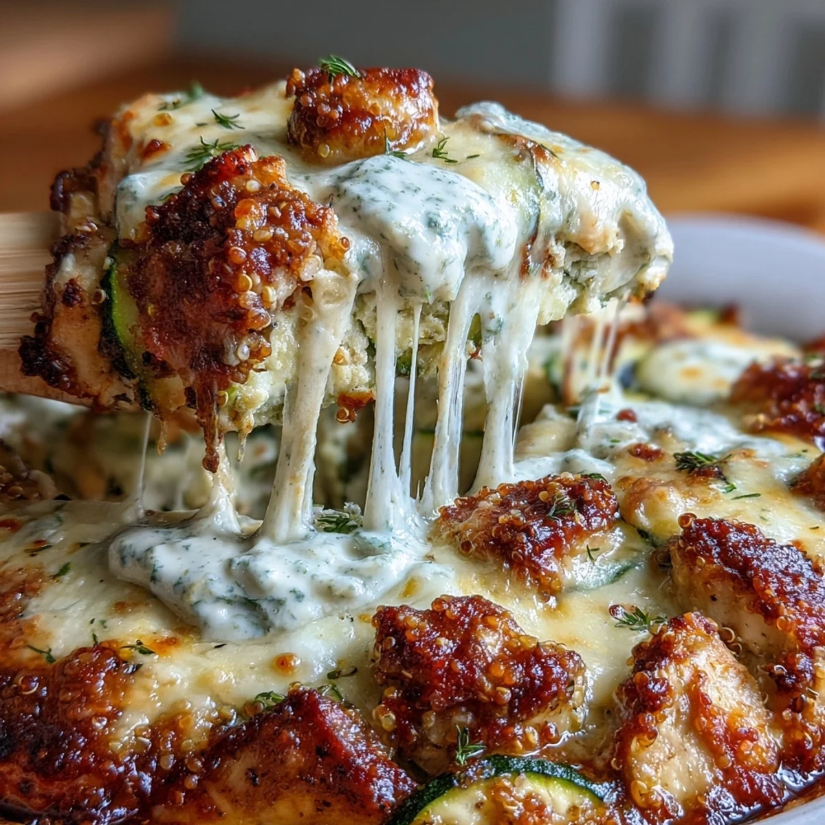 Une tranche de High Protein Chicken Zucchini Bake montre une garniture crémeuse au yaourt et au quinoa entre des courgettes croustillantes.