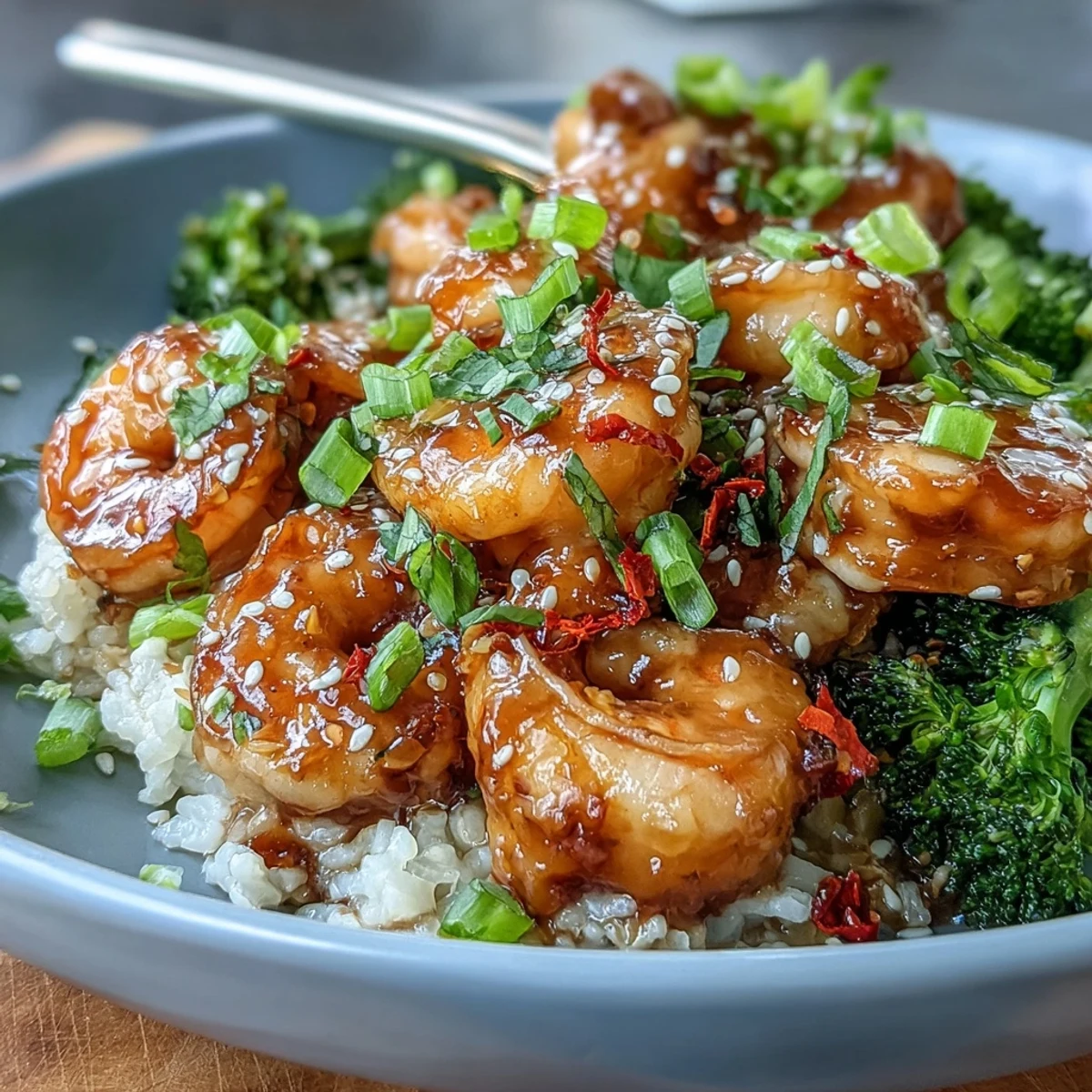 Glossy Honey Garlic Shrimp glistening on fluffy rice with bright green steamed broccoli florets.  