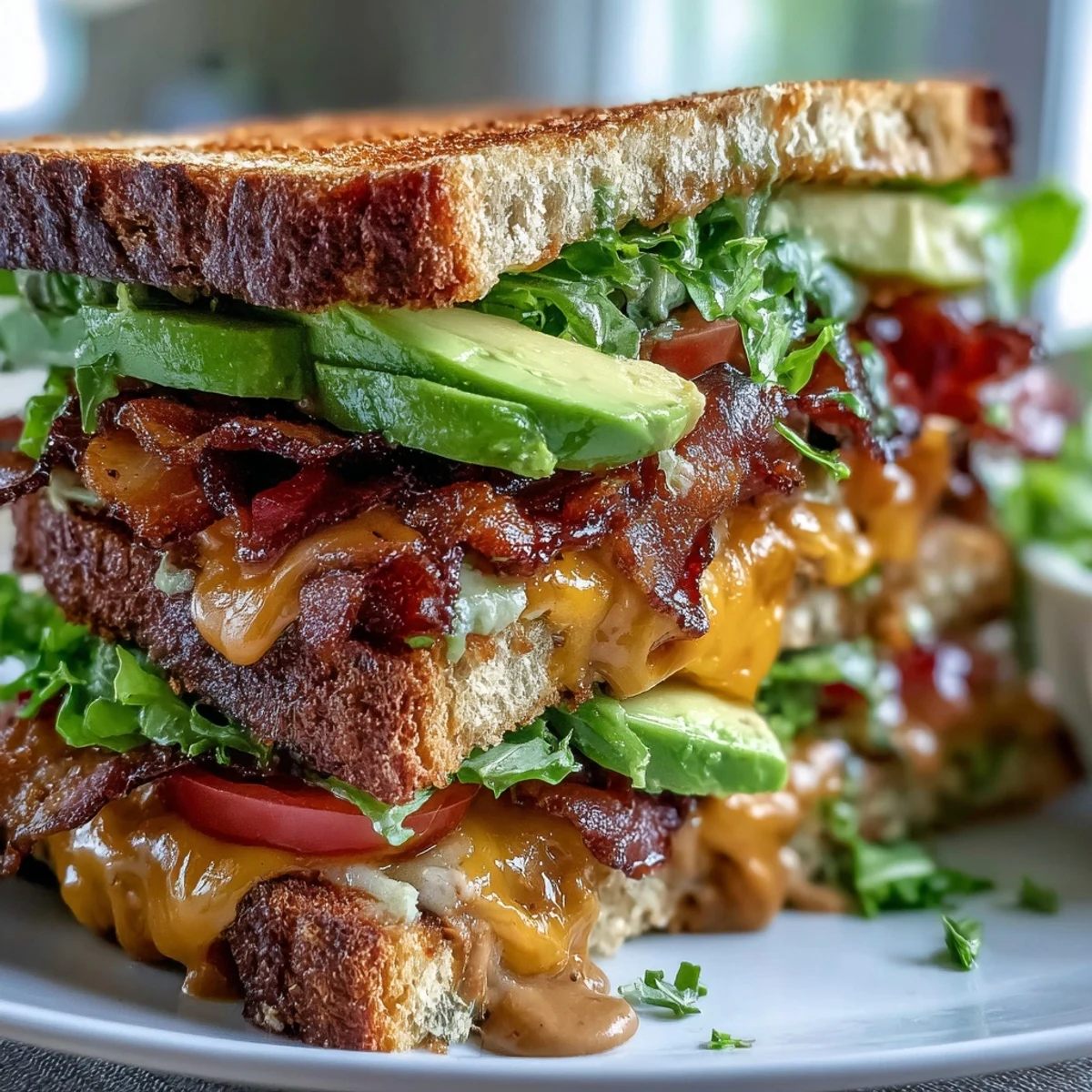 Un Cowboy Club Sandwich doré à la poêle, garni de bacon croustillant, d’avocat crémeux et de fromage fondu.