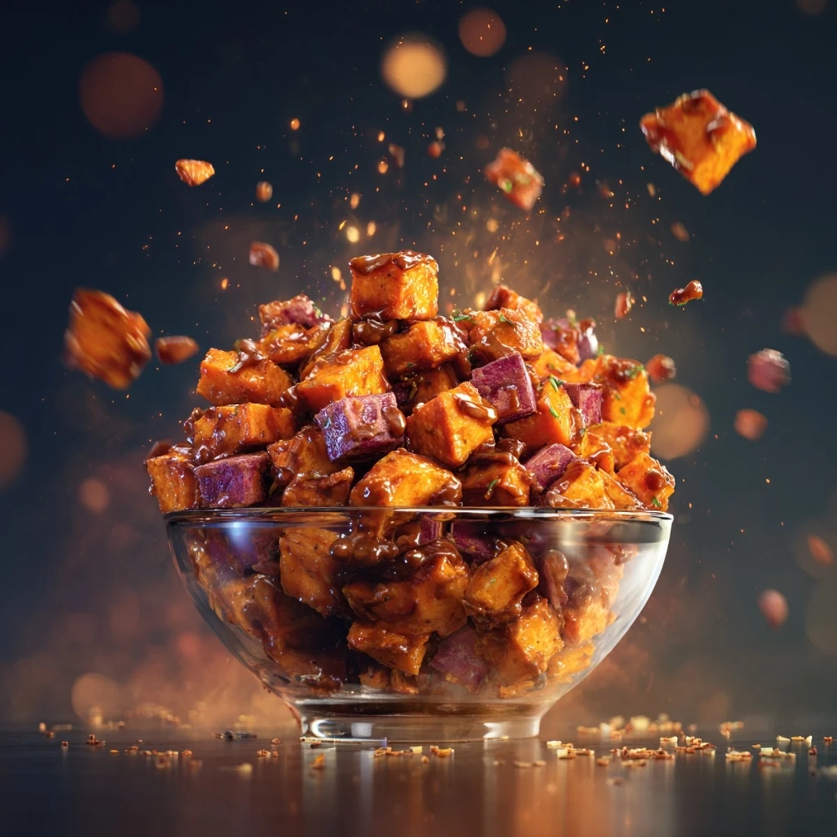 Un bol coloré de Sweet Potato Burger Bowl avec bœuf haché doré, patates douces rôties croquantes, et tranches de concombres croquantes sur un lit de laitue verte.