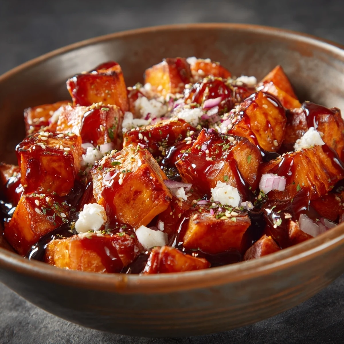 Le Sweet Potato Burger Bowl, un dîner sain en bol, présente du bœuf épicé, des pommes de terre douces caramélisées, des oignons rouges vifs et une sauce maison pour un repas réconfortant.