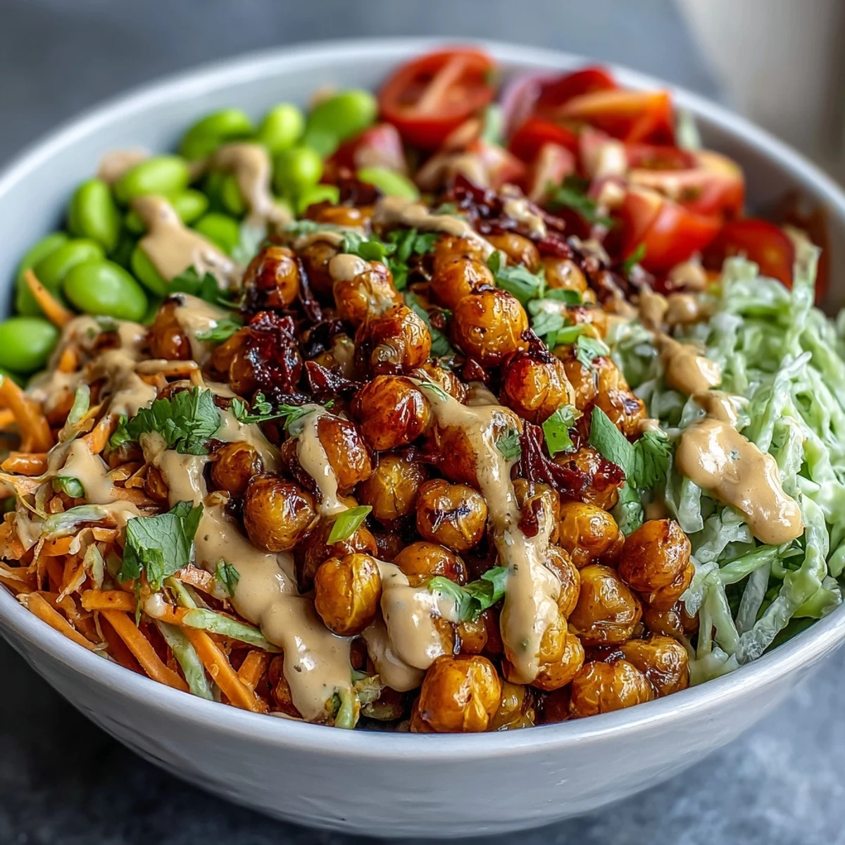 Délicieux bol protéiné aux pois chiches et cacahuètes, garni de légumes croquants.