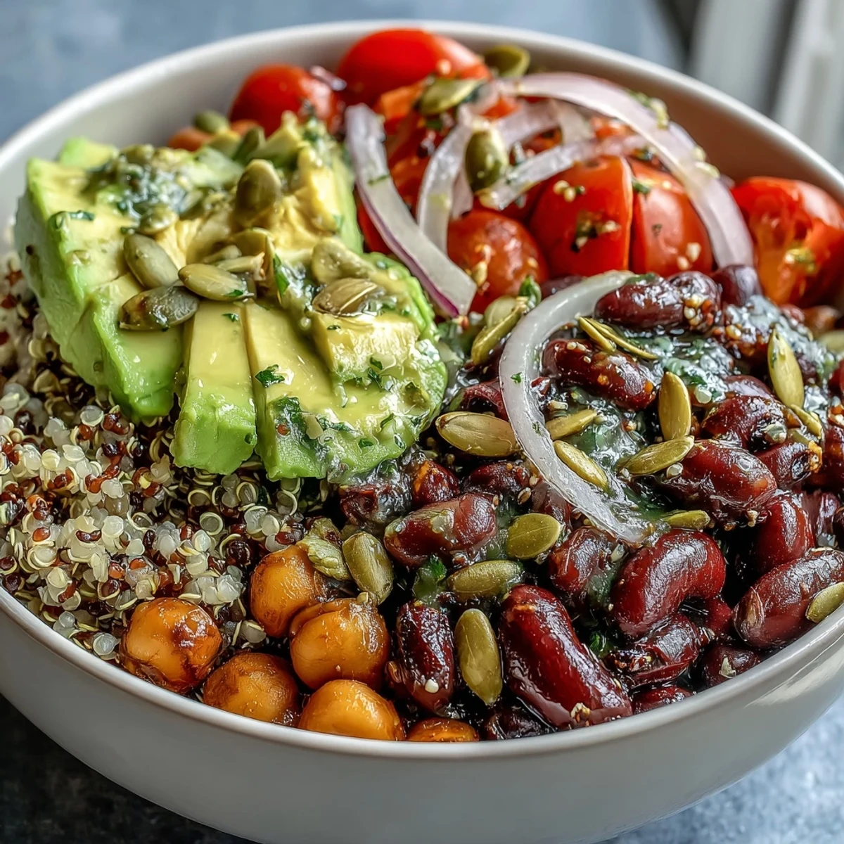 Un vibrant bol de Three-Bean Power Bowl, garni d'avocat crémeux et de légumes croquants.