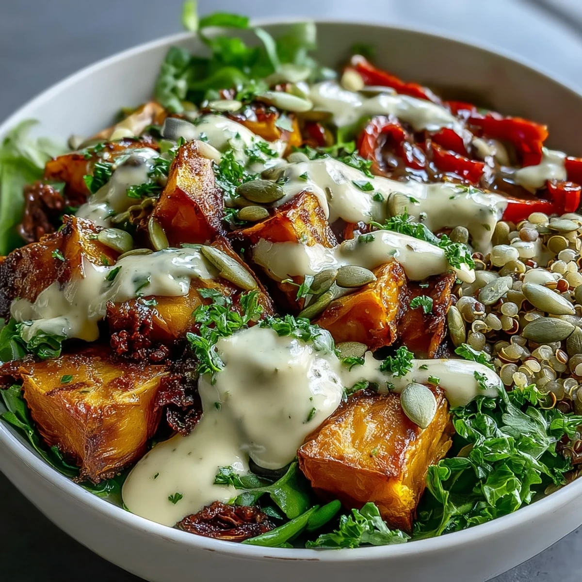 Lentil Power Bowl sain débordant de légumes rôtis et de tahini crémeux.
