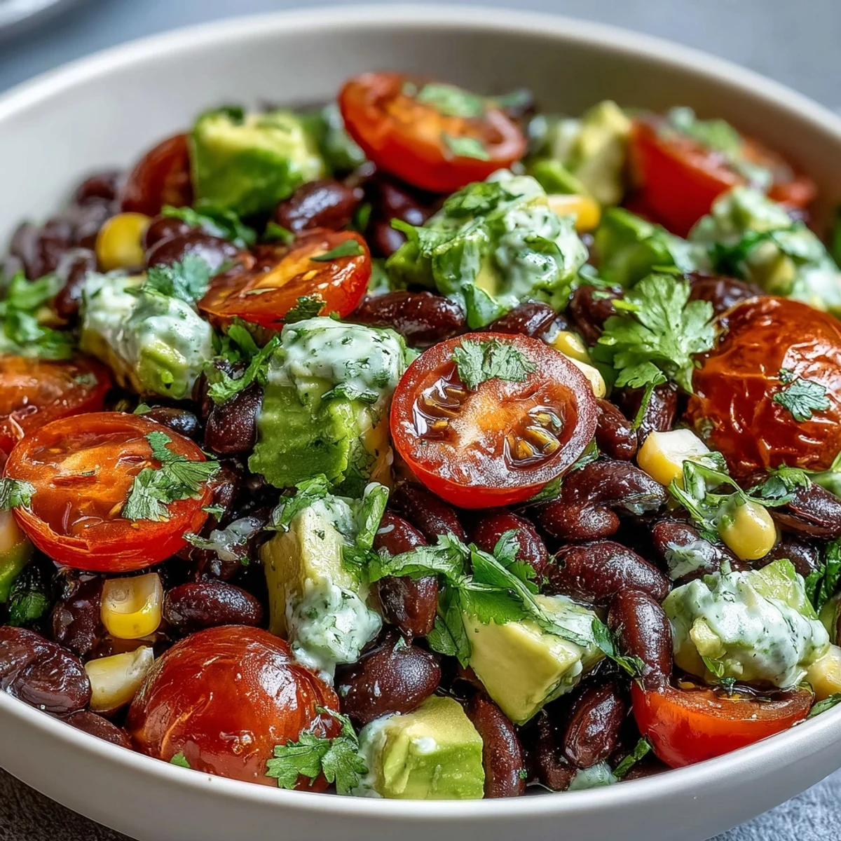 Assiette colorée de haricots noirs, maïs sucré et tomates juteuses, nappée d'une vinaigrette au citron vert.